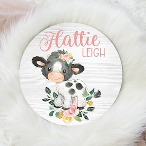 Round Wood Name Sign, Wood Baby Name Sign, Floral Cow Animal Baby Name Sign, Farm Name Sign, Baby Announcement, Farm House Baby Decor C5