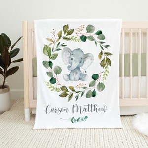 Elephant Blanket, Greenery Elephant Crib Bedding, Personalized Baby Blanket, Elephant Nursery Theme, Safari Nursery Decor, Jungle Blanket S6