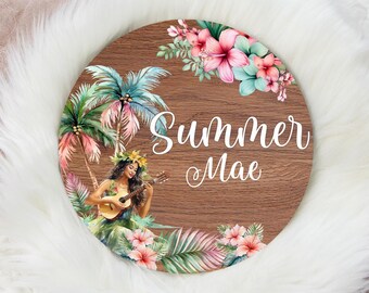 Girl Tropical Name Sign, Beach Girl Baby Sign, Beach Round Wood Baby Name Sign, Birth Announcement Sign, Tropical Ocean Nursery Decor