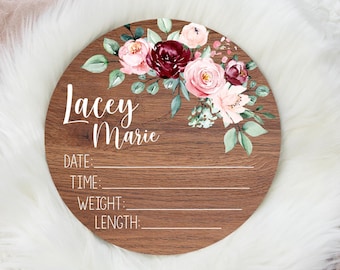 Floral Birth Stat Sign, Round Wood Birth Stat Sign, Burgundy and Blush Floral Birth Stat Sign, Personalized Birth Stat Sign, Baby Gift F25