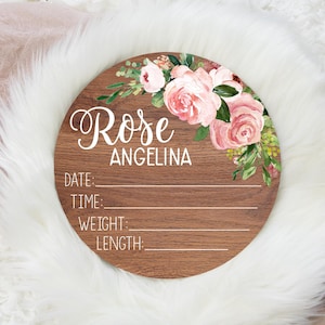 Girl Birth Stat Sign, Pink Blush Floral Birth Stat Sign, Round Wood Birth Stat Sign, Personalized Birth Stat Sign, Newborn Gift F42