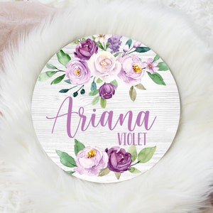 Violet Floral Round Wood Name Sign, Purple Floral Baby Sign, Round Wood Baby Name Sign, Baby Announcement Sign, Violet Nursery Decor F21