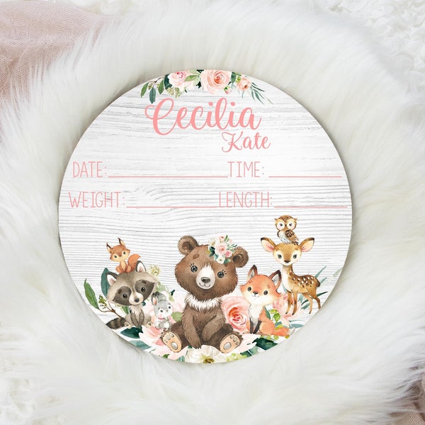 Girl Birth Stat Sign, Round Wood Birth Stat Sign, Woodland Birth Stat Sign, Woodland Animal Sign, Personalized Birth Stat Sign, W28