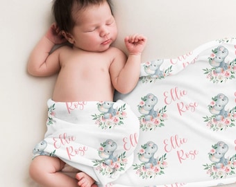 Elephant Blanket, Elephant Receiving Blanket, Personalized Baby Blanket, Elephant Nursery Theme, Baby Blanket, Floral Elephant Blanket S19