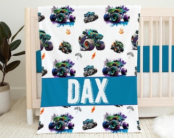 Monster Truck Baby Blanket, Monster Truck Personalized Toddler Blanket, Truck Baby Blanket, Personalized Baby Blanket, Gift for Boy T69