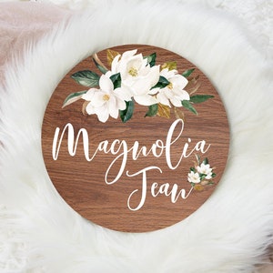 Magnolia Floral Round Wood Name Sign, White Magnolia Baby Sign, Round Wood Baby Name Sign, Baby Announcement Sign, Magnolia Nursery Decor F5
