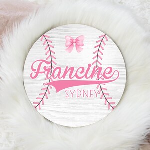 Girl Baseball Round Wood Name Sign, Sports Name Sign, Baseball Wood Baby Name Sign, Baby Announcement Sign, Baseball Sign Decor G80