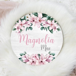Magnolia Floral Round Wood Name Sign, Pink Magnolia Baby Sign, Round Wood Baby Name Sign, Baby Announcement Sign, Magnolia Nursery Decor F4
