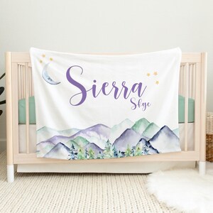 Girl Adventure Awaits Blanket, Personalized Baby Blanket, Mountains Moon Theme, Girl Mountain Blanket, Baby Shower Gift, Newborn Girl M11
