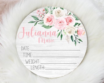 Girl Birth Stat Sign, Blush  and White Floral Birth Stat Sign, Round Wood Birth Stat Sign, Personalized Birth Stat Sign, Newborn Gift F31