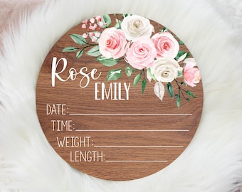 Girl Birth Stat Sign,  Blush Floral Birth Stat Sign, Round Wood Birth Stat Sign, Personalized Birth Stat Sign, Newborn Gift F31