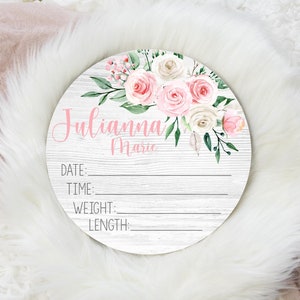 Girl Birth Stat Sign, Blush  and White Floral Birth Stat Sign, Round Wood Birth Stat Sign, Personalized Birth Stat Sign, Newborn Gift F31