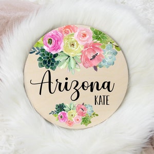 Cactus Round Wood Name Sign, Succulent Floral Baby Sign, Round Wood Baby Name Sign, Baby Announcement Sign, Southwest Girl Nursery Decor D6