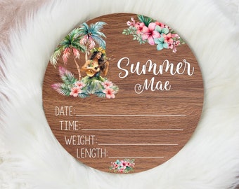 Girl Tropical Birth Stat Sign, Beach Birth Stat Sign, Round Wood Birth Stat Sign, Ocean Stat Sign, Personalized Stat Sign, Hula Girl