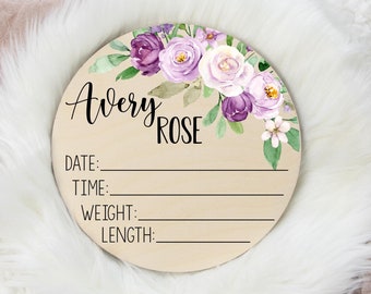 Birth Stat Sign, Round Wood Birth Stat Sign, Violet Floral Birth Stat Sign, Purple Violet Decor, Personalized Birth Stat Sign, Baby Gift F21