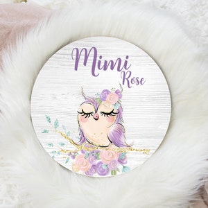 Round Wood Name Sign, Wood Baby Name Sign, Owl Floral Baby Sign, Woodland Owl Name Sign, Baby Announcement Sign, Owl Girl Sign W20