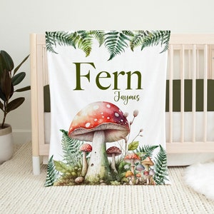 Mushroom and Fern Baby Blanket, Woodland Baby Blanket, New Baby Gift, Mushroom Forest Baby Blanket, Woodland Fungi Nursery Decor W57