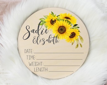 Birth Stat Sign, Round Wood Birth Stat Sign, Sunflower Birth Stat Sign, Sunflower Baby Sign, Personalized Birth Stat Sign, Newborn Gift F8