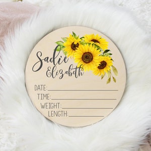 Birth Stat Sign, Round Wood Birth Stat Sign, Sunflower Birth Stat Sign, Sunflower Baby Sign, Personalized Birth Stat Sign, Newborn Gift F8