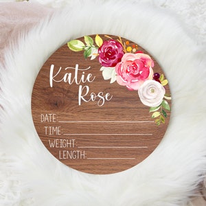 Girl Birth Stat Sign, Round Wood Birth Stat Sign, Floral Birth Stat Sign, Pink and White Floral Decor, Personalized Birth Stat Sign