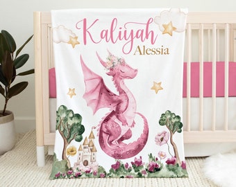 Girl Dragon Blanket, Personalized Dragon Baby Blanket, Girl Dragon Baby, New Baby Gift, Dragon Nursery Theme, Dragon Crib Bedding G81
