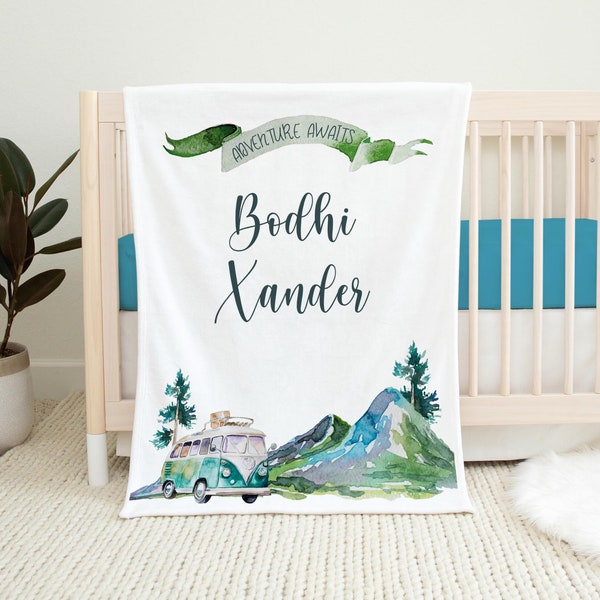 Van Life Adventure Awaits Blanket, Personalized Baby Blanket, Wanderlust Nursery Theme, Newborn Mountain Blanket, Baby Shower Gift M17