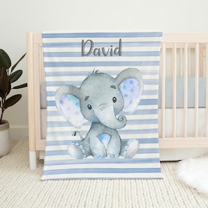 Boy Elephant Blanket, Blue Elephant Crib Bedding, Personalized Baby Blanket, Elephant Nursery Theme, Newborn Blanket, Baby Shower Gift