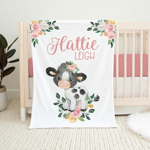 Cow Blanket, Black and White Cow Crib Bedding, Personalized Baby Blanket, Farm Animal Nursery Theme, Newborn Coming Home Blanket C5
