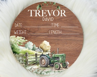 Green Tractor Birth Stat Sign, Birth Stat Sign, Round Wood Birth Stat Sign, Farm Birth Stat Sign, Personalized Birth Stat Sign, Newborn C40