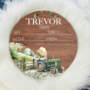 Green Tractor Birth Stat Sign, Birth Stat Sign, Round Wood Birth Stat Sign, Farm Birth Stat Sign, Personalized Birth Stat Sign, Newborn C40