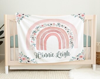 Boho Rainbow Baby Blanket, Personalized Baby Blanket, Rainbow Baby Blanket, Baby Shower Gift, Floral Rainbow Baby Blanket, Rainbow T26