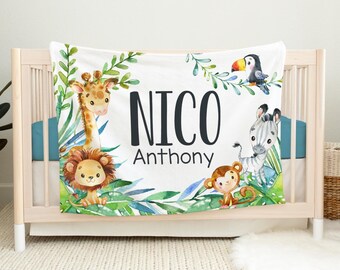 Safari Blanket, Safari Crib Bedding, Personalized Baby Blanket, Safari Nursery Theme, Newborn Blanket, Lion, Zebra, Elephant, Giraffe S3