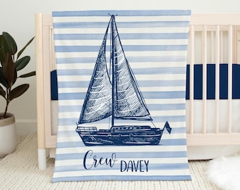 Sailboat Boy Blanket, Nautical Crib Bedding, Personalized Baby Blanket, Sea Nursery Theme, Newborn Coming Home Blanket, Baby Shower Gift