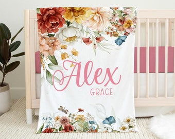 Wild Flower Baby Blanket, Wild flower Boho Blanket, Personalized Baby Blanket, Wildflower Nursery, Baby Shower Gift, Boho Nursery Decor F99