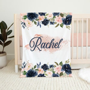 Navy Blush Rose Girl Blanket, Rose Floral Crib Bedding, Personalized Baby Blanket, Floral Nursery Theme, Baby Shower Gift, Navy Blush F16
