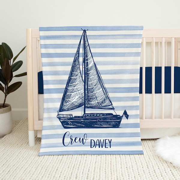 Sailboat Boy Blanket, Nautical Crib Bedding, Personalized Baby Blanket, Sea Nursery Theme, Newborn Coming Home Blanket, Baby Shower Gift