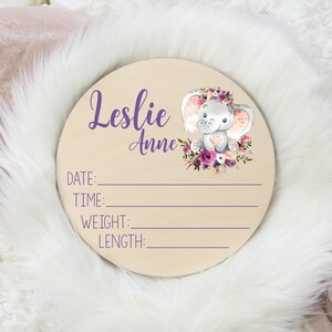 Birth Stat Sign, Round Wood Birth Stat Sign, Elephant Birth Stat Sign, Purple Elephant Sign, Personalized Birth Stat Sign, Newborn Gift S16