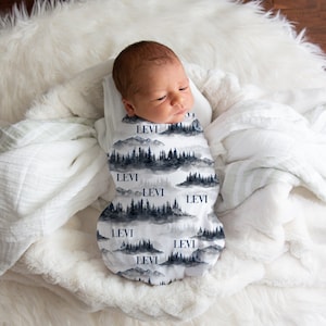 Mountains Forest Baby Blanket, Personalized Swaddle, Mountains Nursery Theme, Newborn Blanket, Baby Shower Gift, Mountain Crib Decor M1