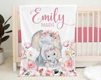 Elephant Baby Blanket, Safari Blanket, Personalized Baby Blanket, Elephant Nursery, Pink Roses Elephant Blanket, Elephant Mommy and Baby S64