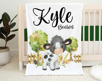 Boy Cow Blanket, Farm Animal Bedding, Personalized Baby Blanket, Cow Nursery Theme, Boy Cow Nursery Blanket, Farm Cow Baby Blanket C43