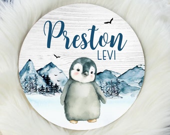 Penguin Round Wood Name Sign, Arctic Nursery Theme, Penguin Baby Name Sign, Round Wood Baby Name Sign, Baby Announcement Sign B61
