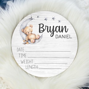 Bear Moon Birth Stat Sign, Round Wood Birth Stat Sign, Moon Bear Nursery, Boy Moon Birth Stat Sign, Personalized Birth Stat Sign B28