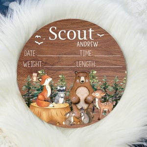 Woodland Birth Stat Sign, Round Wood Birth Stat Sign, Woodland Nursery Theme, Fox Bear Deer, Personalized Birth Stat Sign, Newborn Gift W1