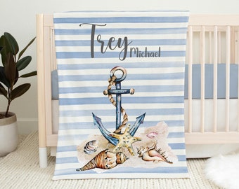 Nautical Boy Blanket, Nautical Crib, Personalized Baby Blanket, Beach Nursery Theme, Newborn Coming Home Blanket, Baby Shower Gift O16