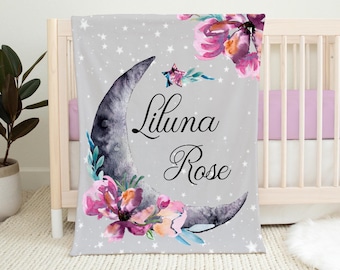 Luna Blanket, Personalized Moon and Stars Baby Blanket, Newborn Coming Home Blanket, New Baby Gift, Celestial Bedding, Girl Luna Blanket T14