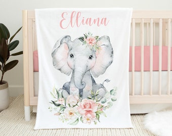 Elephant Blanket, Boho Blush Rose and Greenery, Elephant Crib Bedding, Personalized Baby Blanket, Elephant Nursery Theme, Baby Shower Gift