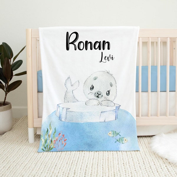 Boy Seal Blanket, Seal Crib Bedding, Personalized Baby Blanket, Seal Nursery Theme, Newborn Blanket, Baby Shower Gift, Seal Blanket O18