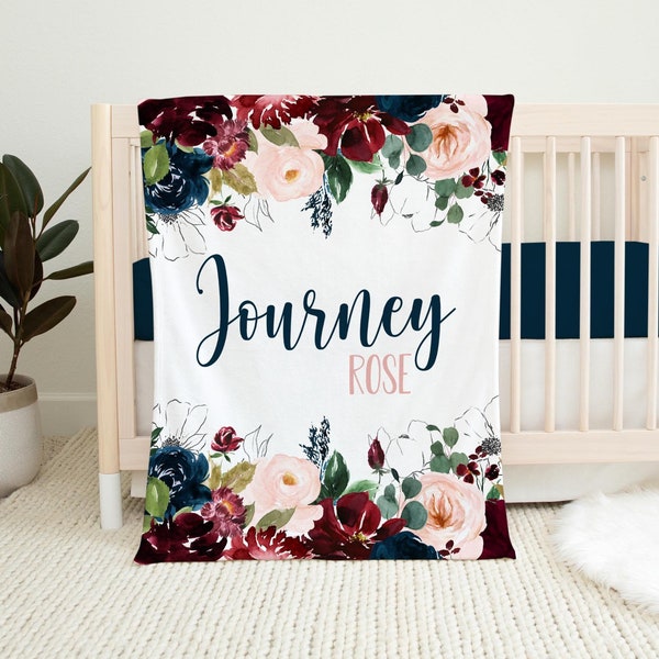 Burgundy Blush and Navy Floral Girl Blanket, Rose Floral Crib Bedding, Personalized Baby Blanket, Floral Nursery Theme, Baby Shower Gift F17