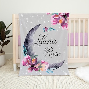 Luna Blanket, Personalized Moon and Stars Baby Blanket, Newborn Coming Home Blanket, New Baby Gift, Celestial Bedding, Girl Luna Blanket T14