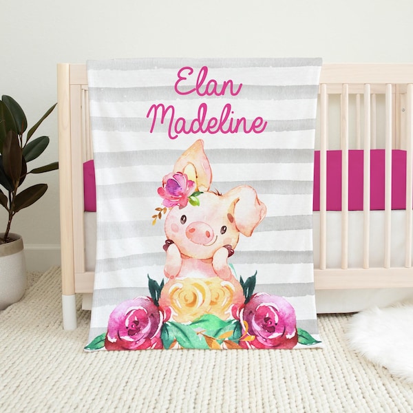 Pig Blanket, Pig Crib Bedding, Personalized Piglet Baby Blanket, Farm Animal Nursery Theme, Newborn Coming Home Blanket, Baby Shower Gift C8